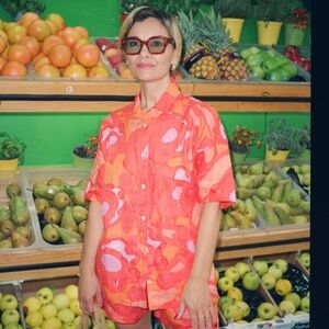 NEW Bel Kazan Melon Flora Margot Top Button Up Shirt 100% Linen Size M